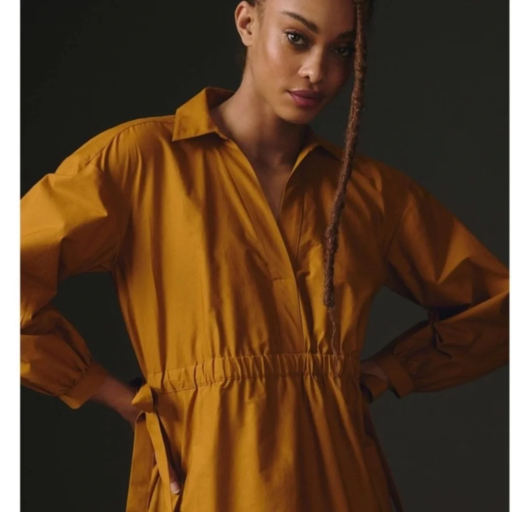 NEW Maeve Cinched Waist Cotton Maxi Shirt Dress Anthropologie Cedar, Medium, NWT - Picture 3 of 15